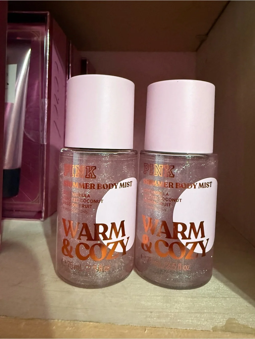 2 PINK Victoria's Secret Warm & Cozy Shimmer Body Mist — Pink